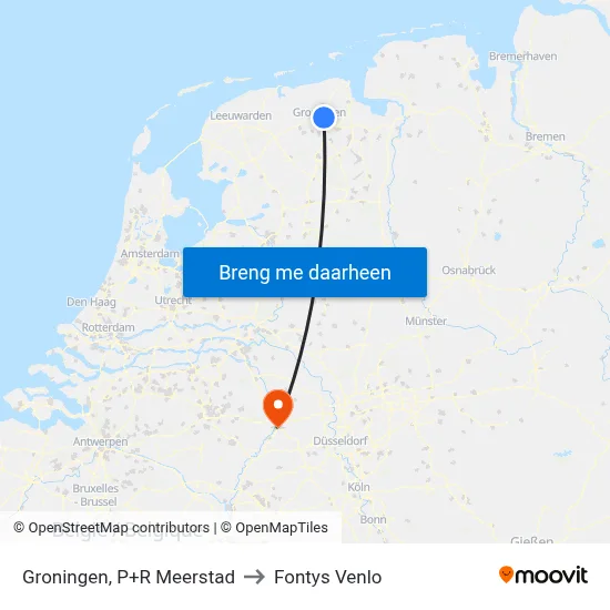 Groningen, P+R Meerstad to Fontys Venlo map