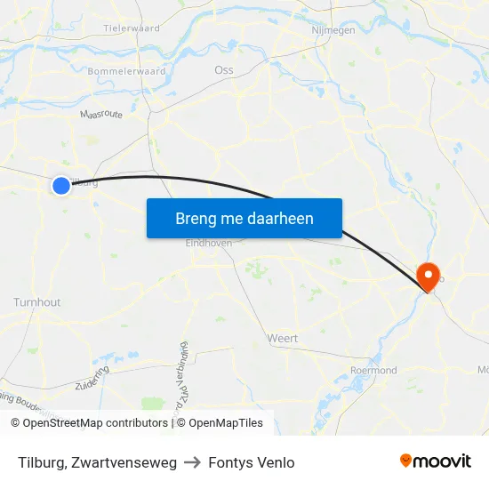Tilburg, Zwartvenseweg to Fontys Venlo map