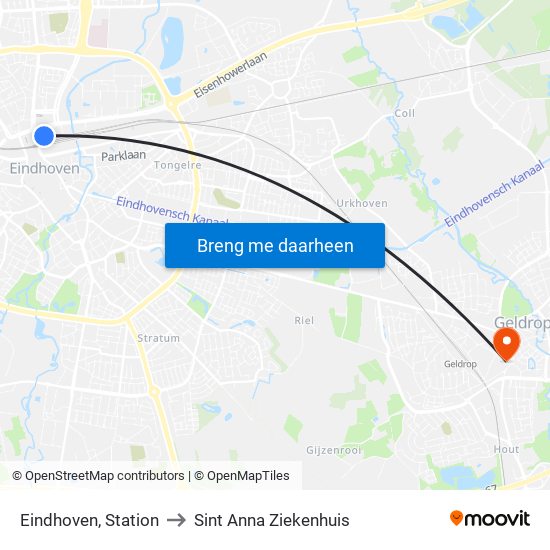 Eindhoven, Station to Sint Anna Ziekenhuis map