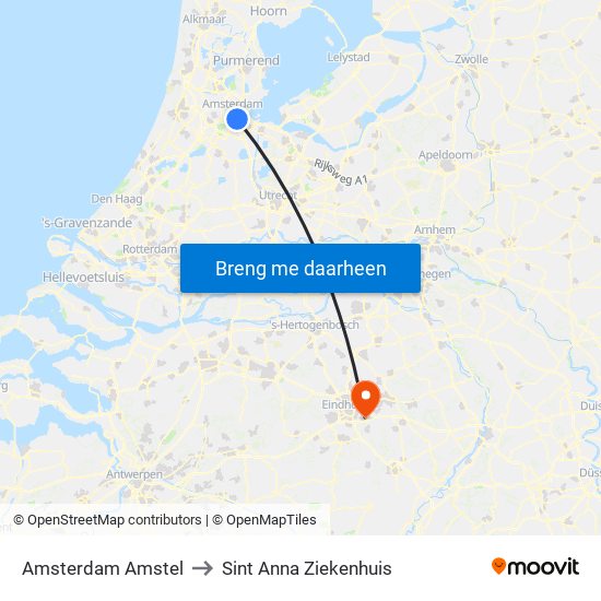 Amsterdam Amstel to Sint Anna Ziekenhuis map