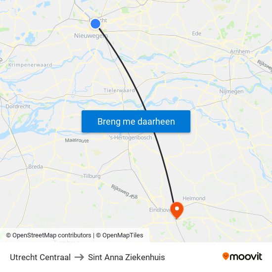 Utrecht Centraal to Sint Anna Ziekenhuis map