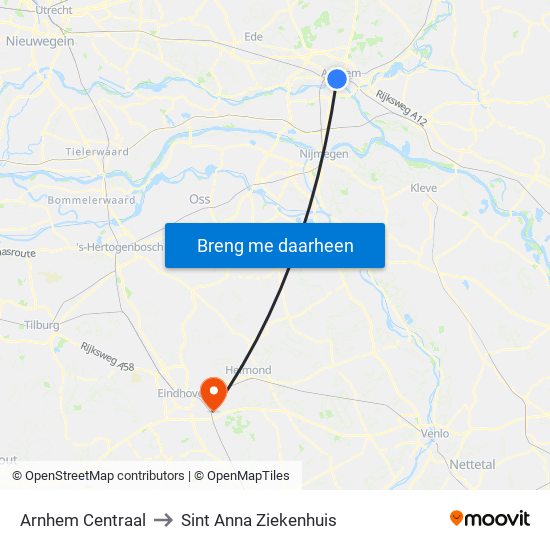 Arnhem Centraal to Sint Anna Ziekenhuis map