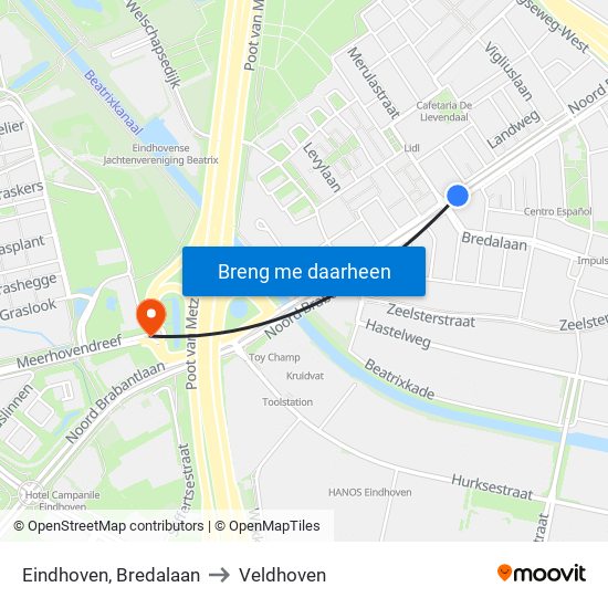 Eindhoven, Bredalaan to Veldhoven map