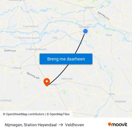 Nijmegen, Station Heyendaal to Veldhoven map