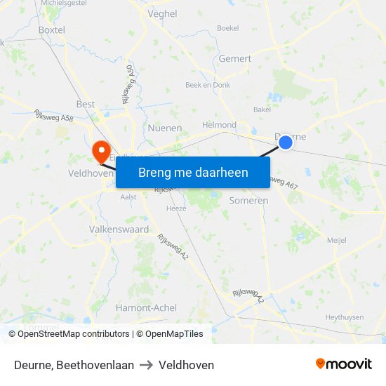 Deurne, Beethovenlaan to Veldhoven map