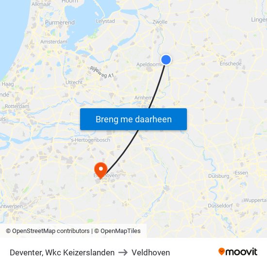 Deventer, Wkc Keizerslanden to Veldhoven map