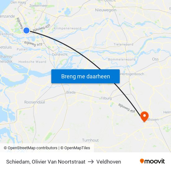 Schiedam, Olivier Van Noortstraat to Veldhoven map