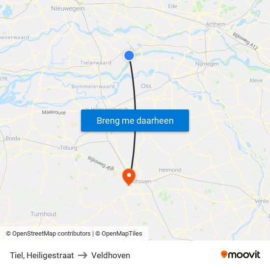 Tiel, Heiligestraat to Veldhoven map