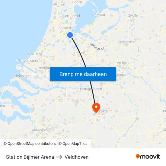 Station Bijlmer Arena to Veldhoven map