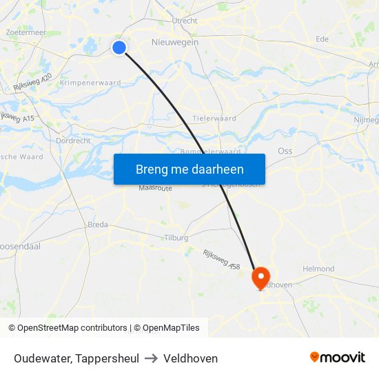 Oudewater, Tappersheul to Veldhoven map