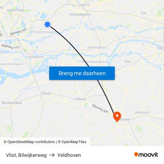 Vlist, Bilwijkerweg to Veldhoven map