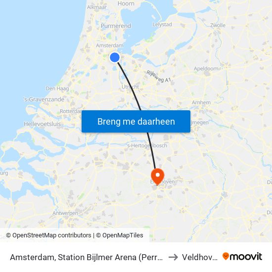 Amsterdam, Station Bijlmer Arena (Perron J) to Veldhoven map