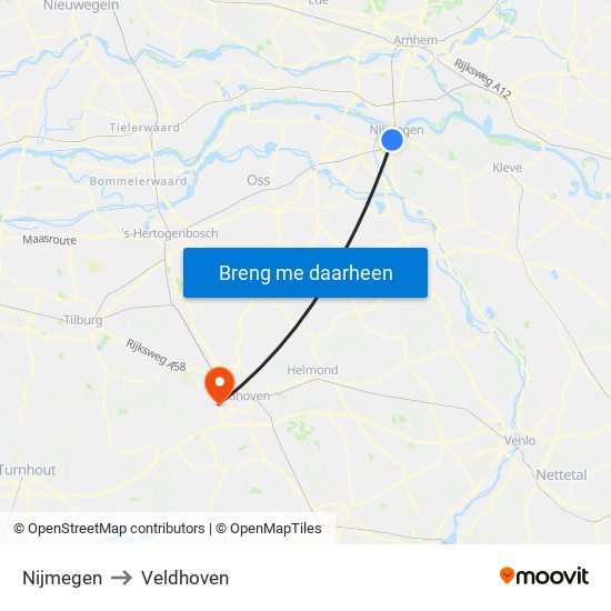 Nijmegen to Veldhoven map