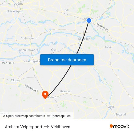 Arnhem Velperpoort to Veldhoven map