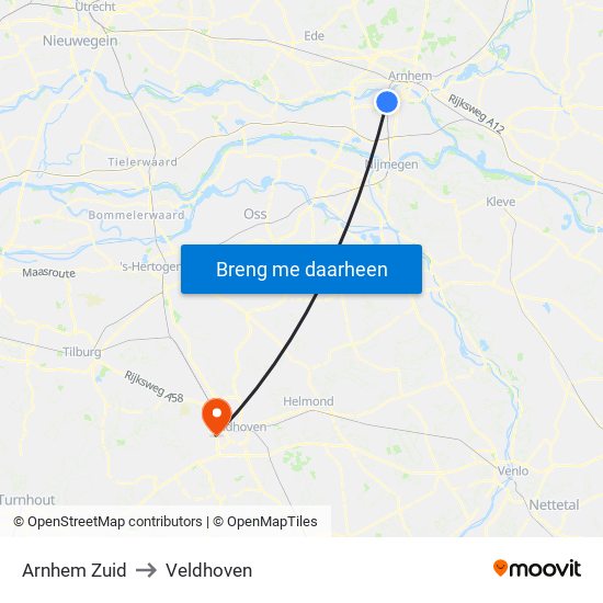 Arnhem Zuid to Veldhoven map