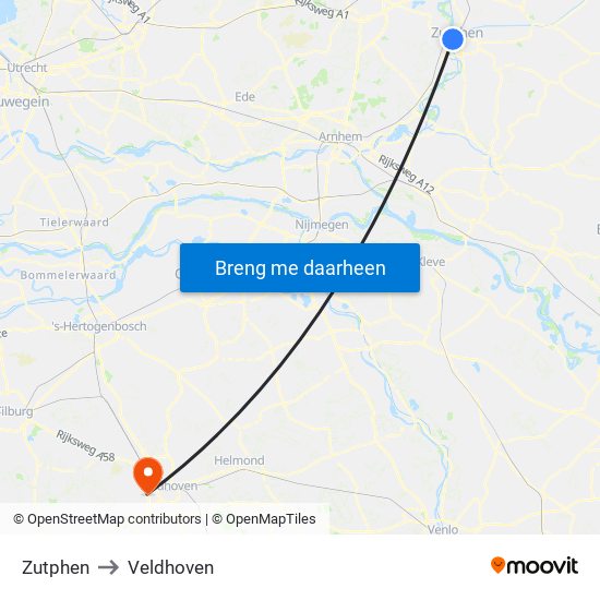 Zutphen to Veldhoven map