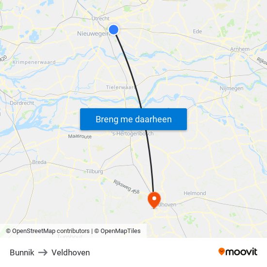 Bunnik to Veldhoven map