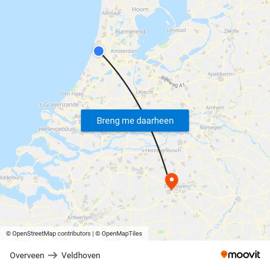 Overveen to Veldhoven map