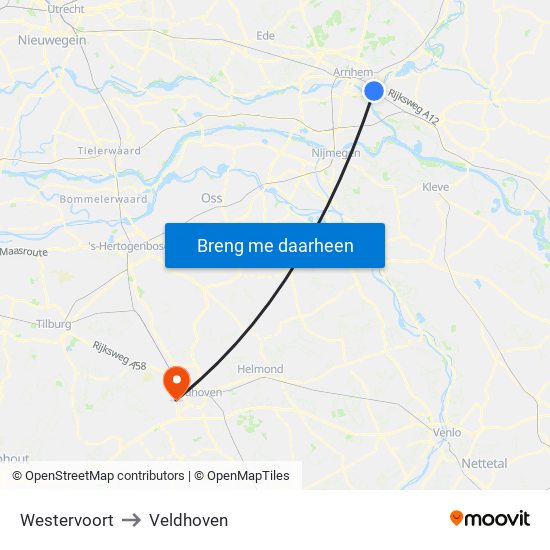 Westervoort to Veldhoven map