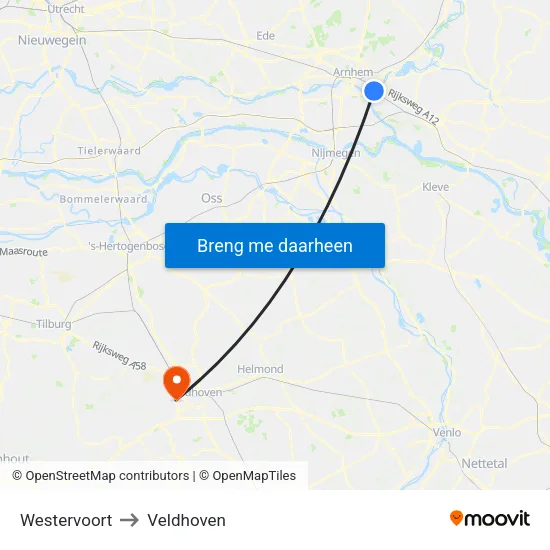 Westervoort to Veldhoven map