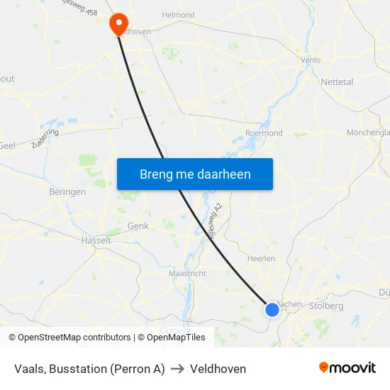 Vaals, Busstation (Perron A) to Veldhoven map