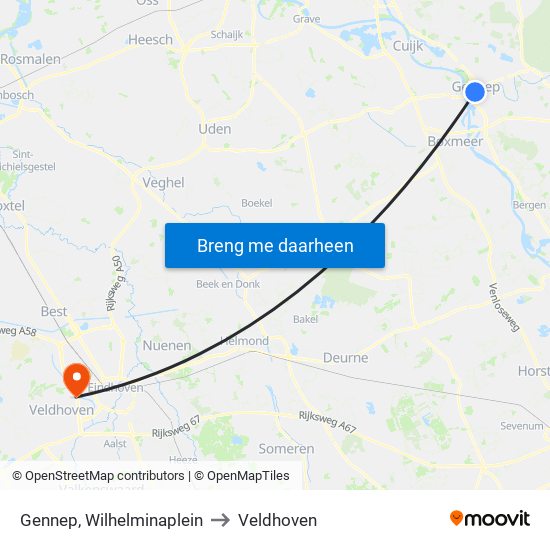 Gennep, Wilhelminaplein to Veldhoven map