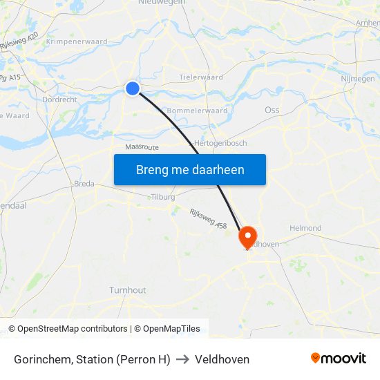 Gorinchem, Station (Perron H) to Veldhoven map