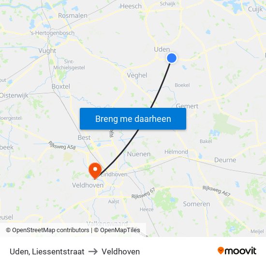 Uden, Liessentstraat to Veldhoven map