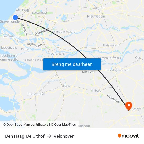 Den Haag, De Uithof to Veldhoven map