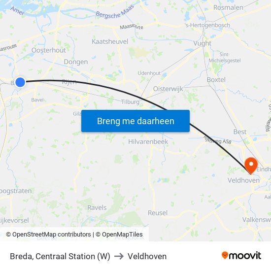 Breda, Centraal Station (W) to Veldhoven map