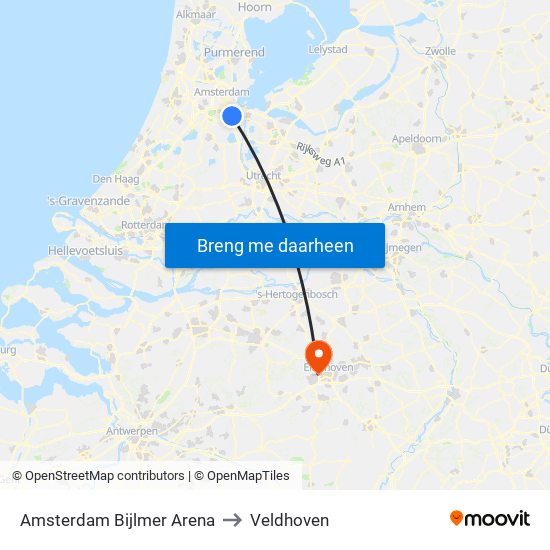 Amsterdam Bijlmer Arena to Veldhoven map