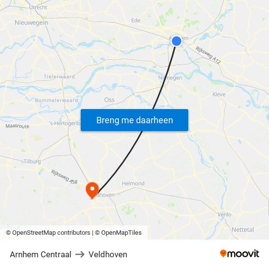 Arnhem Centraal to Veldhoven map