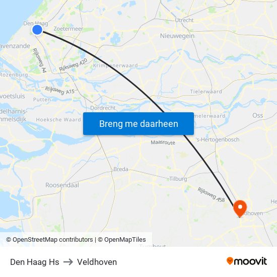 Den Haag Hs to Veldhoven map