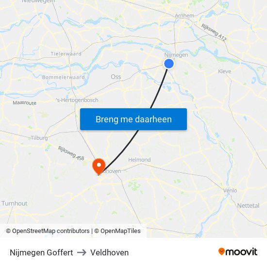 Nijmegen Goffert to Veldhoven map