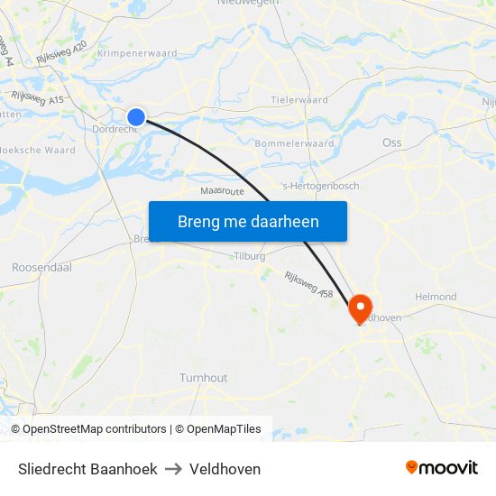 Sliedrecht Baanhoek to Veldhoven map