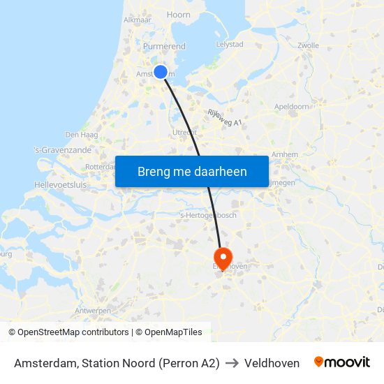 Amsterdam, Station Noord (Perron A2) to Veldhoven map