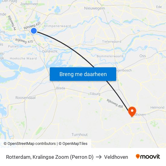 Rotterdam, Kralingse Zoom (Perron D) to Veldhoven map