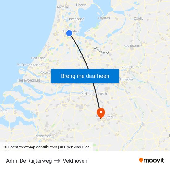 Adm. De Ruijterweg to Veldhoven map