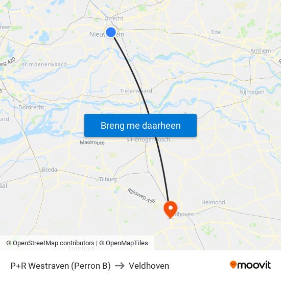P+R Westraven (Perron B) to Veldhoven map