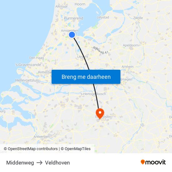 Middenweg to Veldhoven map