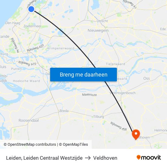 Leiden, Leiden Centraal Westzijde to Veldhoven map