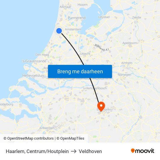Haarlem, Centrum/Houtplein to Veldhoven map