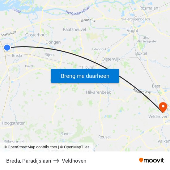 Breda, Paradijslaan to Veldhoven map