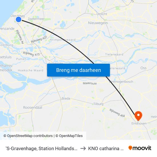 'S-Gravenhage, Station Hollands Spoor (Perron A) to KNO catharina Ziekenhuis map