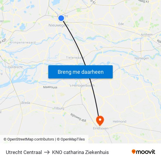 Utrecht Centraal to KNO catharina Ziekenhuis map