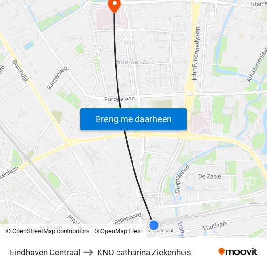Eindhoven Centraal to KNO catharina Ziekenhuis map