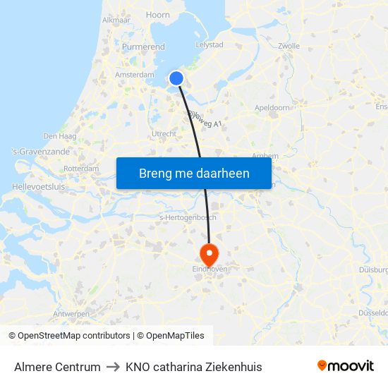 Almere Centrum to KNO catharina Ziekenhuis map