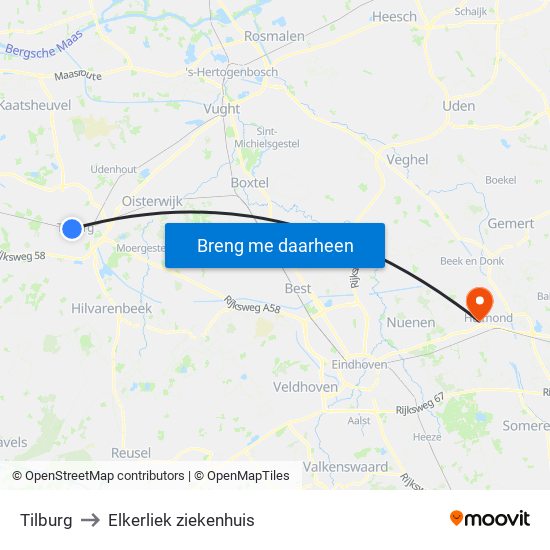 Tilburg to Elkerliek ziekenhuis map