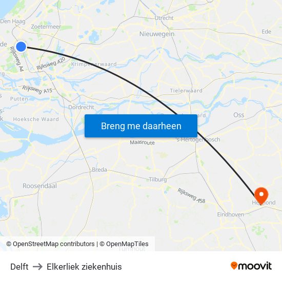 Delft to Elkerliek ziekenhuis map