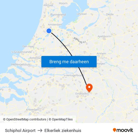 Schiphol Airport to Elkerliek ziekenhuis map